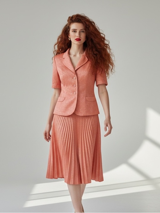 Vintage Dresses & Skirts - VTG 80s 90s Peach Coral Short Sleeve Blazer & Pleated Midi Skirt Set Size 10